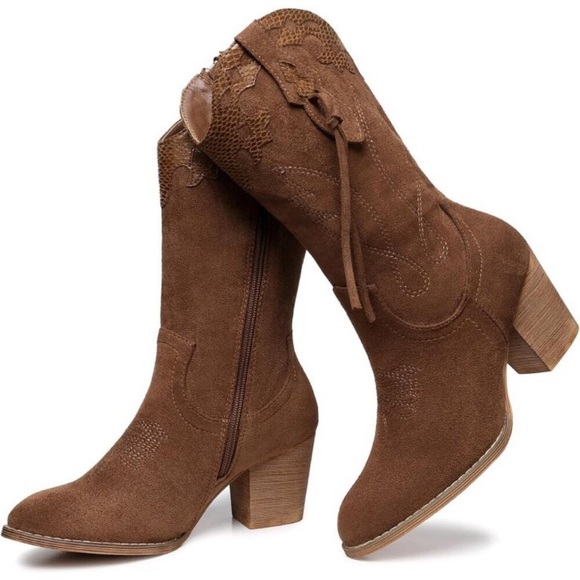 Shoes - Women's Brown Western Country High Heel Boots Suede Zipper Mid Calf Booties